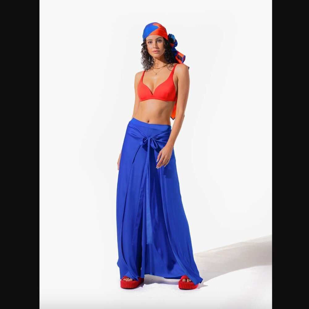 Harlan Anguilla Cobalt Satin Wide Leg Wrap Pant S